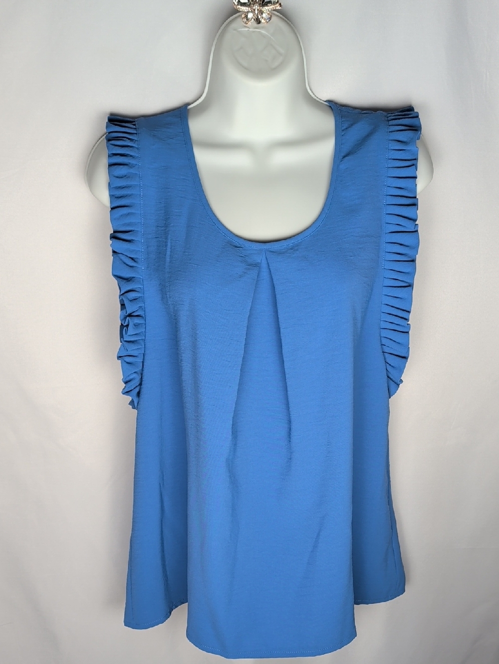 Molly Bracken Blue Ruffle Sleeve Pleated Neckline Blouse, Size S